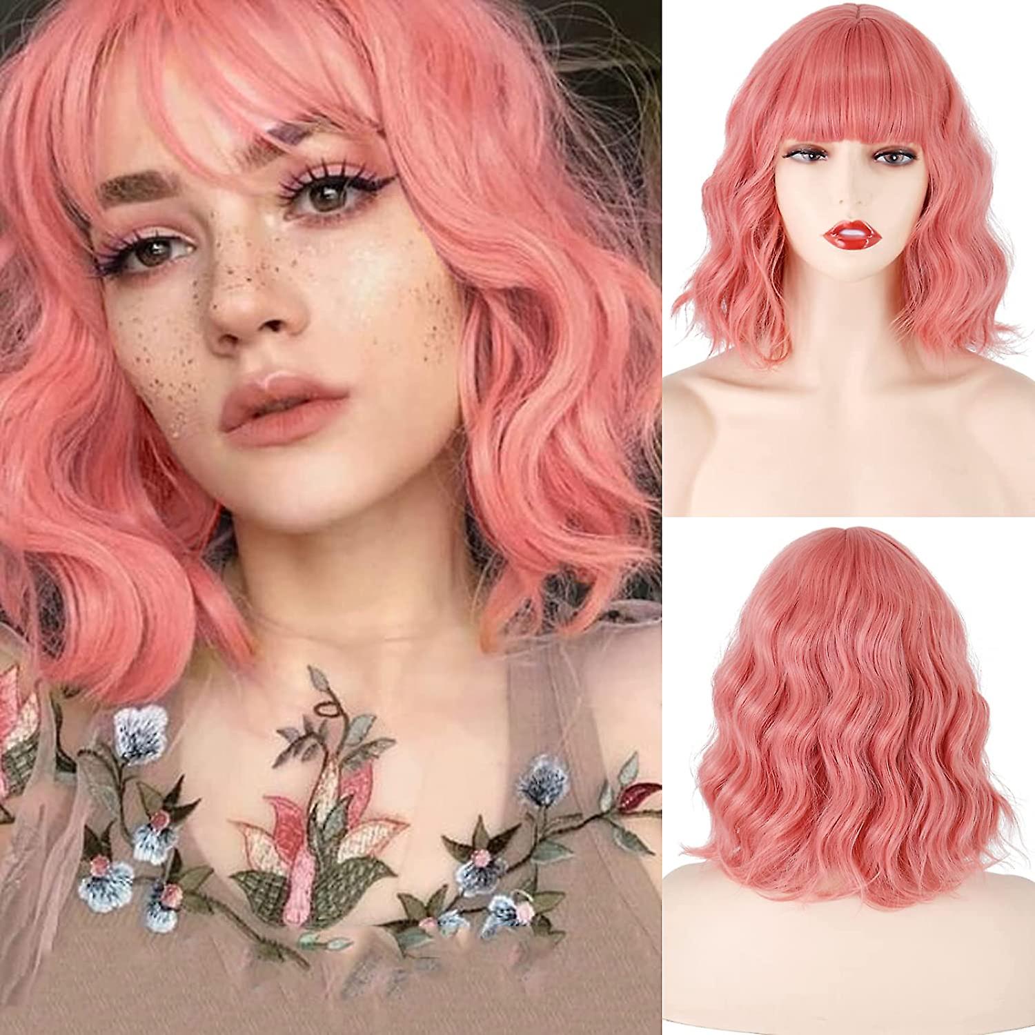 Short Wavy Auburn Wig with Bangs Pink