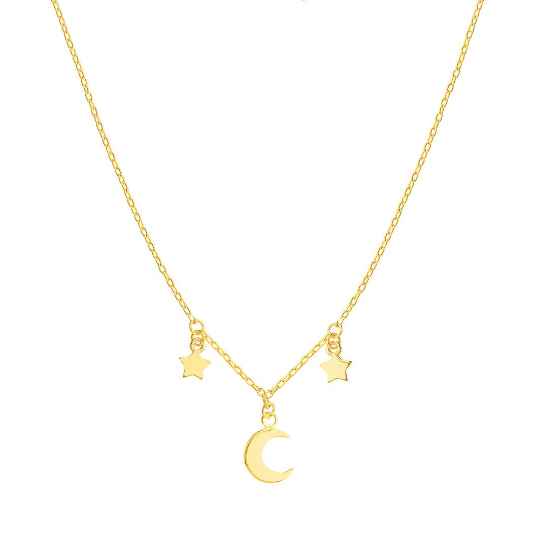 Colar com pingente de meia lua e estrelas em ouro amarelo 14k, 45 cm (18 polegadas), para mulheres.