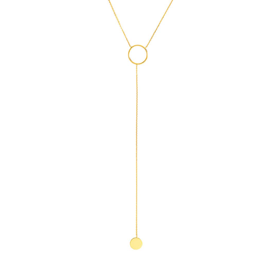 Colar estilo laço em ouro amarelo maciço 14k com design linear de círculo e pequeno disco, 45 cm (18 polegadas), para mulheres.
