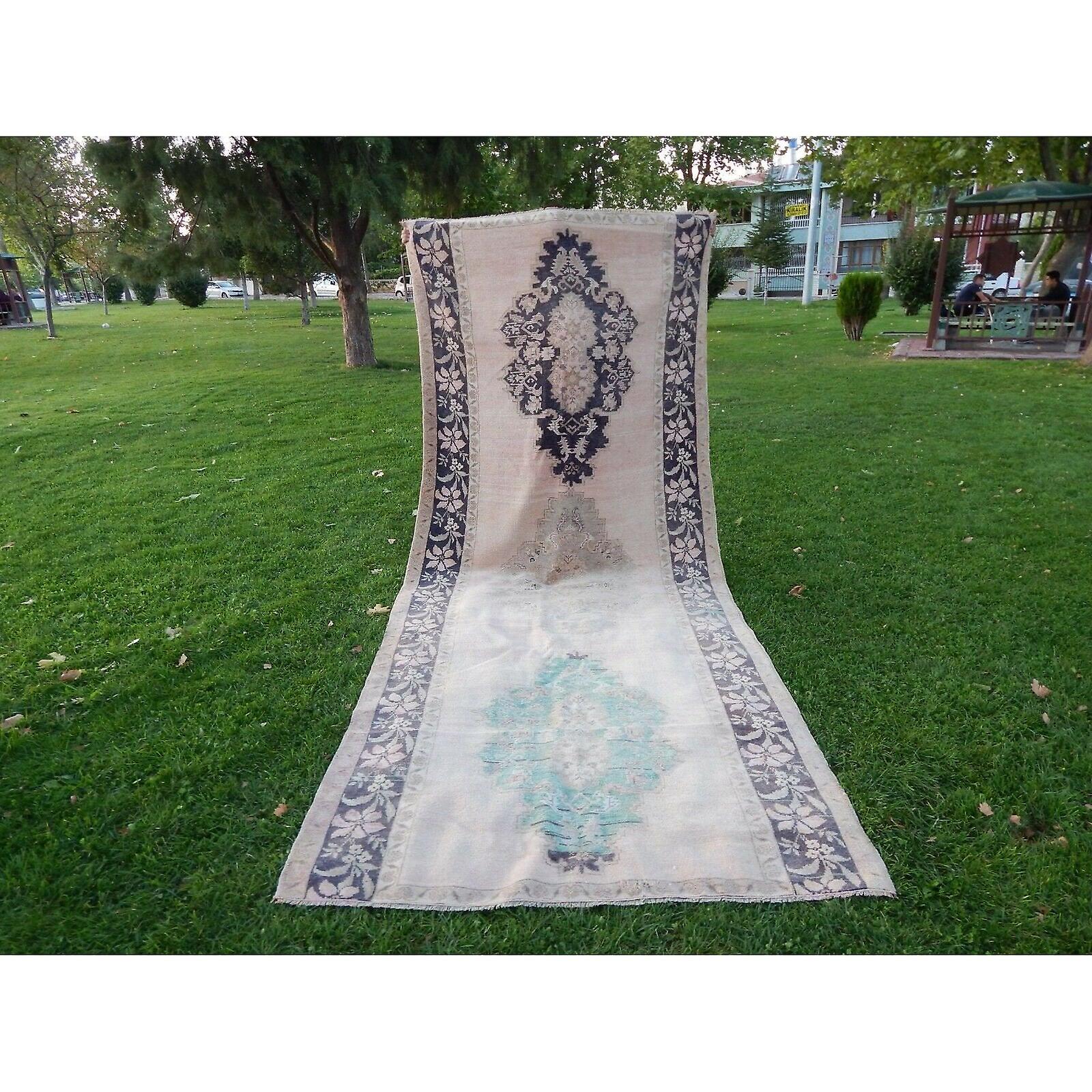 Geometric Distressed Wool Oushak Runner - Wide Hallway Rug
