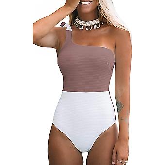 Veeki Women's One Piece Swimsuit Color Block One Shoulder Bowknot Bathing Suit, Coffee White, XS