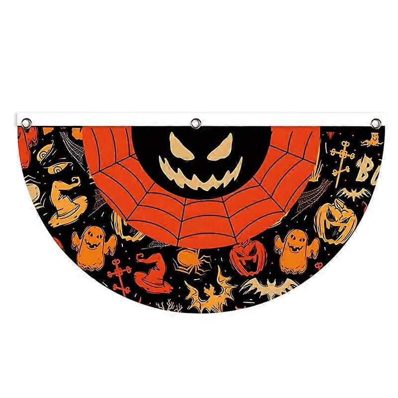 Halloween Pleated Fan Flag Halloween Bunting Flag Ghost Hanging Halloween Flag with Canvas Header and Metal Grommet Half Fan Banner for Outdoor Party