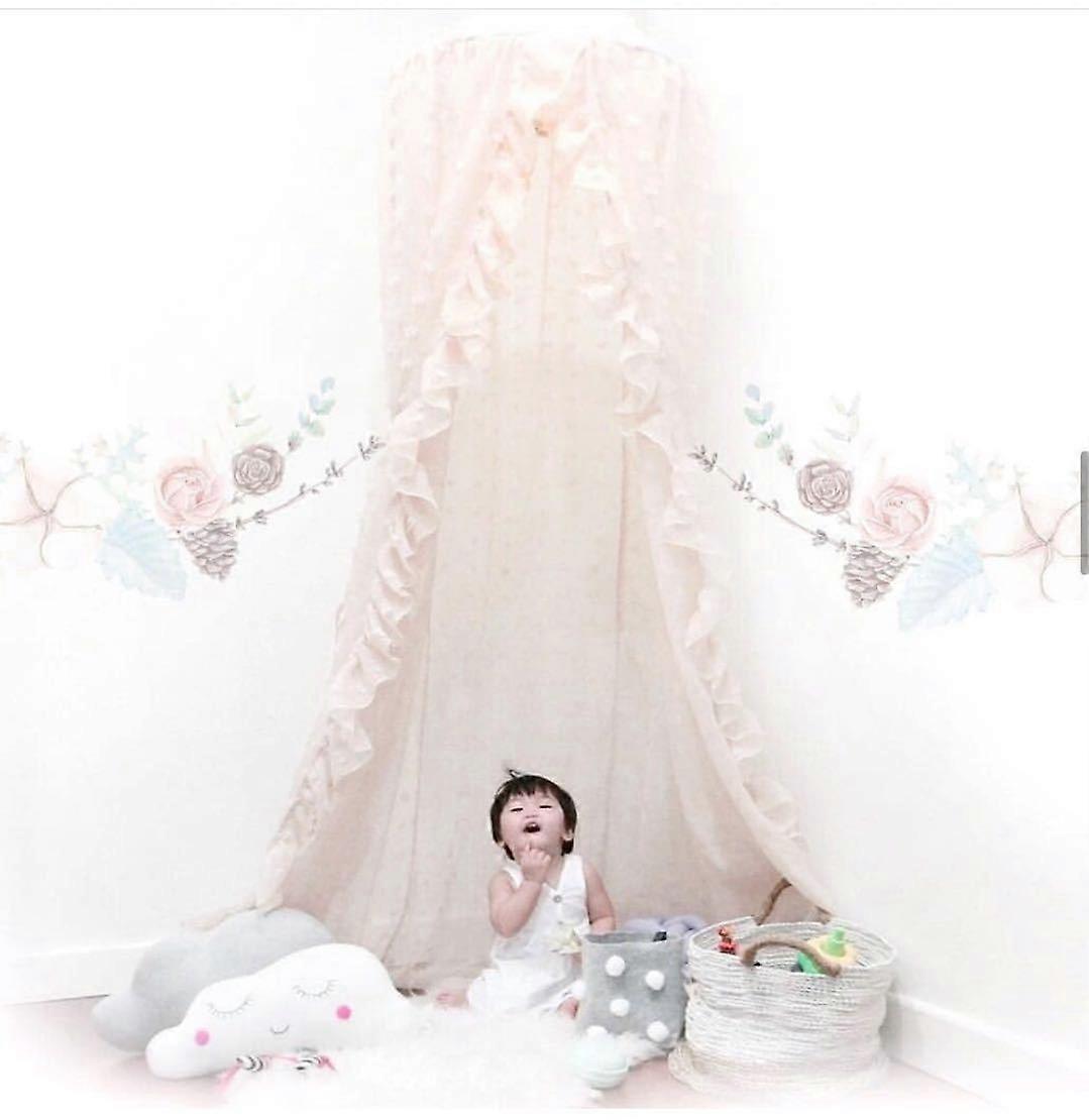 Elegant Bed Canopy for Crib and Crib - Lace and Tulle Mosquito Net with Pompoms, Princess Girls Dream Tent, Kids Reading Nook, Nursery Room Decor, Bei