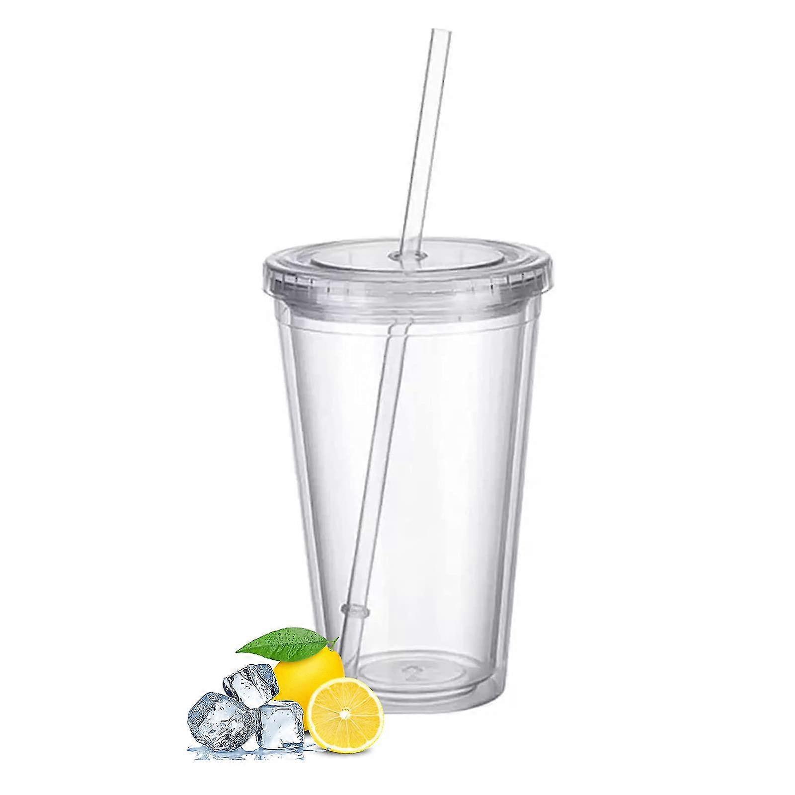 Reusable Plastic Cups, Double-Walled Transparent Drinking Cup with Straw, Reusable Cups, Suitable for Fruit Juice
