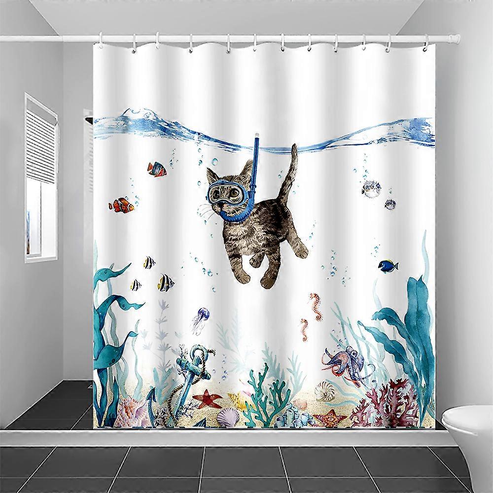 Diving Cat Print Waterproof Bath Curtain Durable Polyester Modern Bathroom