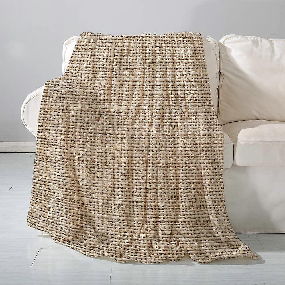 flannel Blanket Sofa ThrowLight beige burlap, natural linen, with woven abstraction- Versatile Blanket Fluffy Soft Throw for Bed and Couch Throw/Singl