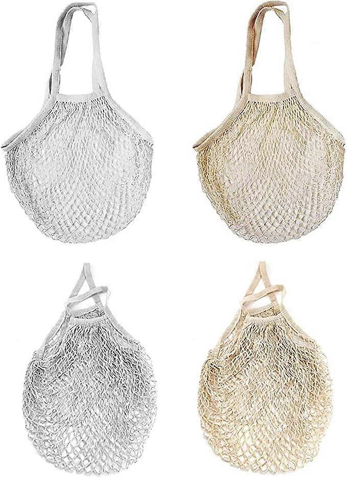 Pack of 4 Cotton Shopping Net Bags, Reusable Mesh Shopping Bag, Mesh Bag for Fruit and Vegetables, Portable Shopping Net Bag for Shopping, Storage