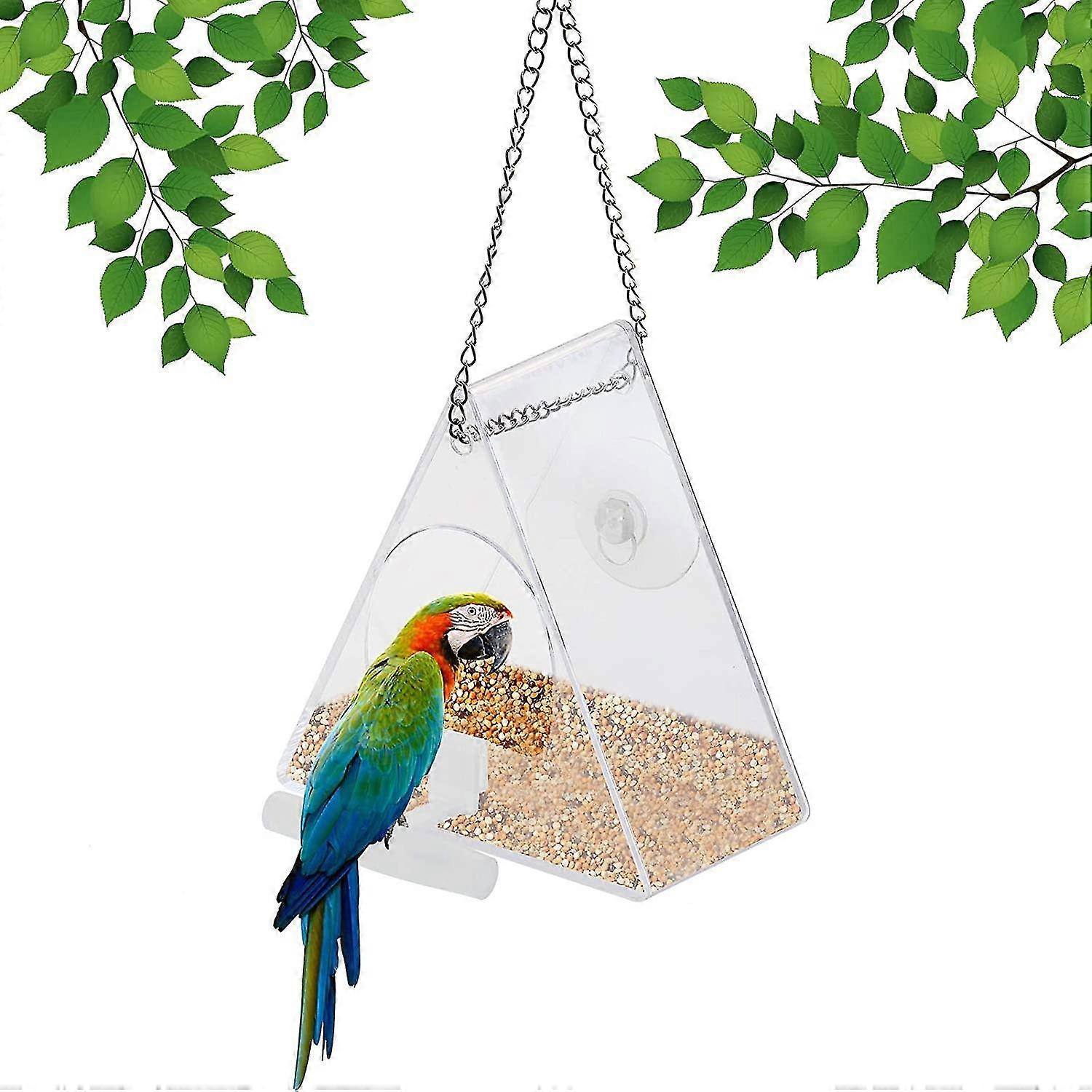 Acrylic Window Hanging Bird Feeder With Suction Cup Perch Bracket And Chain Nest Box Feeding