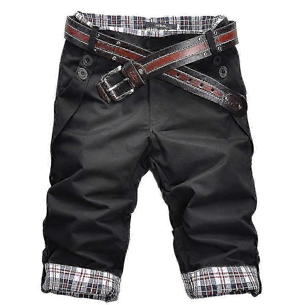 Men Plaid Patchwork Pockets Buttons Fifth Pants Loose Beach Shorts