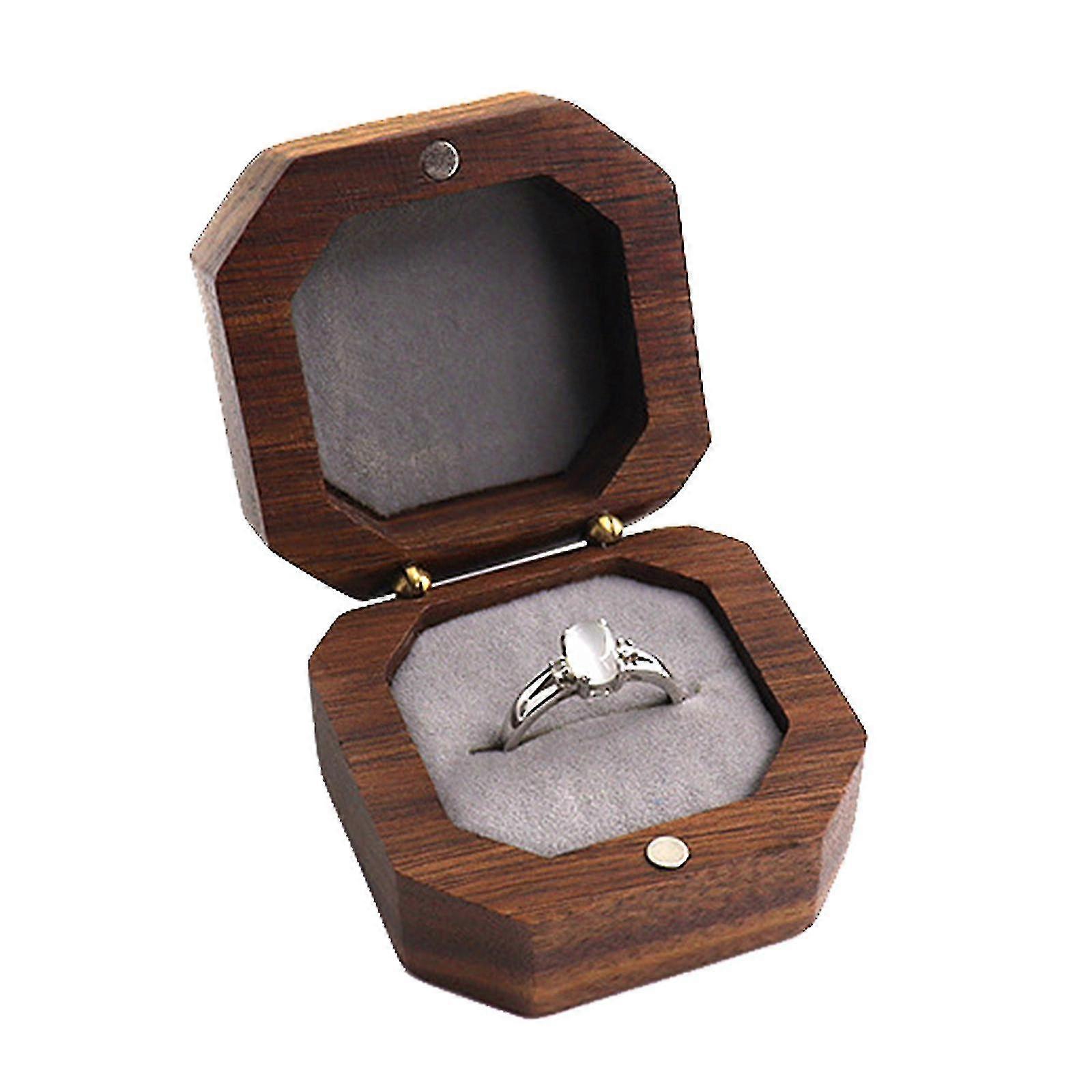 New 2023 Walnut Wood Hexagon Shape Ring Box Flat Ring Holder For Proposal Weddinggrey