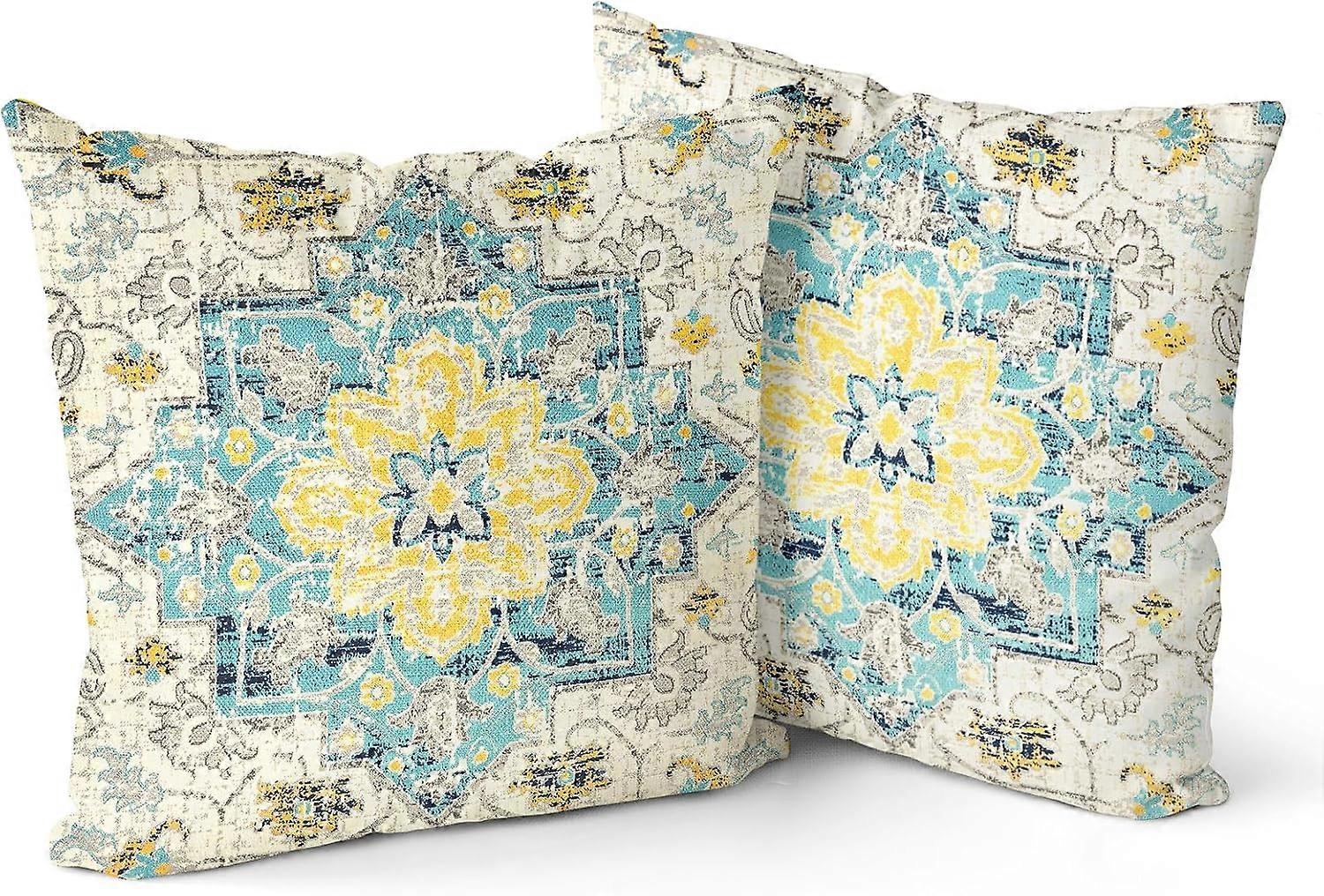 Blue Boho Throw Pillow Covers Set of 2 18"x18" Monaco Rug Carpet Double Sided Pattern Cotton Soft Pillow Case Cushion Cover Pillowcase for Garden Couc