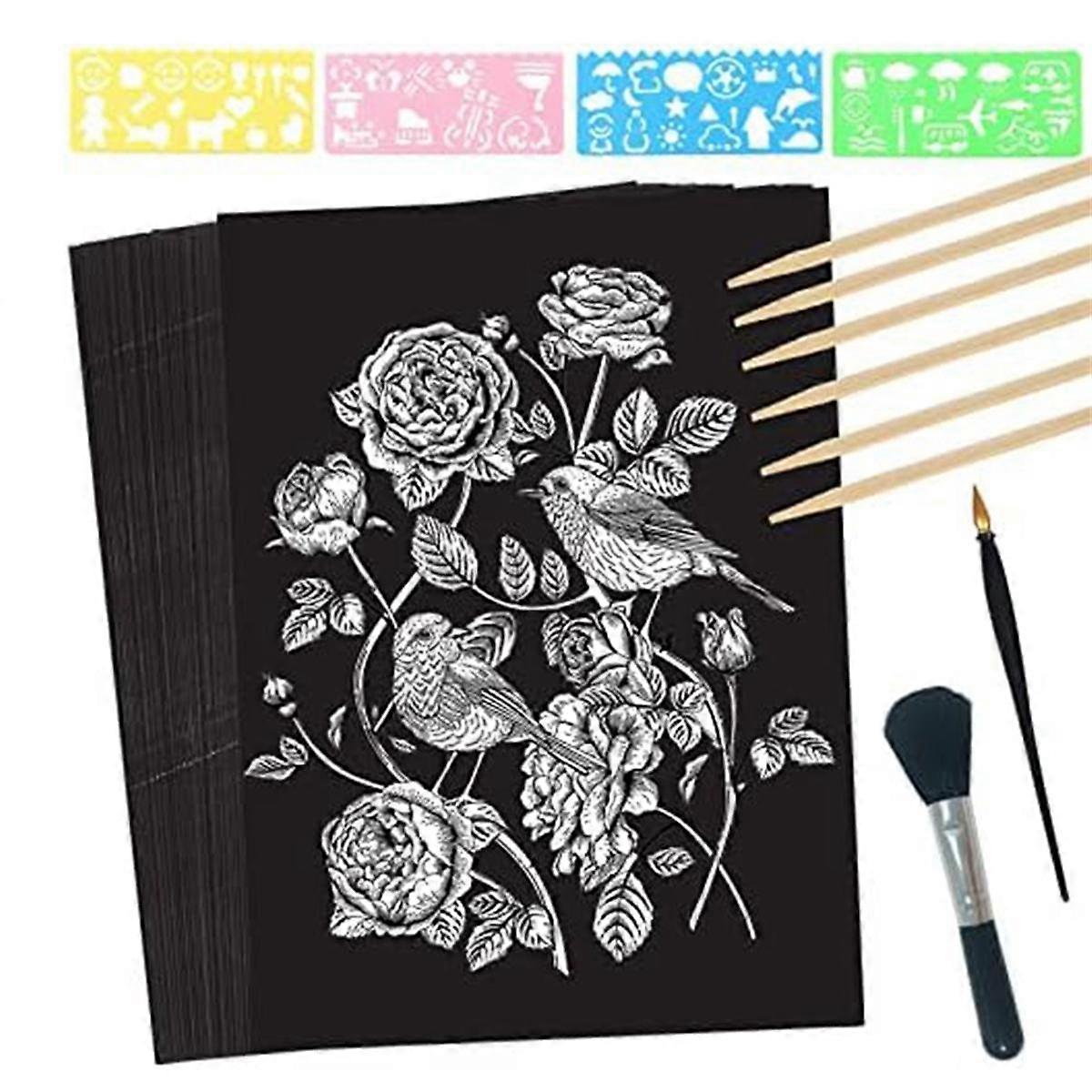 Scratch Paper Art Set, 50 Sheets 8x11in Black Coated Scratchboard Large Scratch Paper with Wooden S