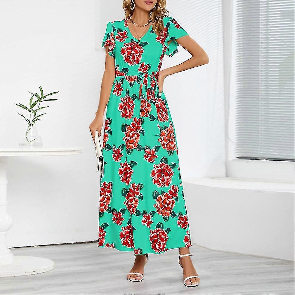 Femmes Été Manches Courtes V Col Maxi Lâche Robe Maxi Décontractée Robes longues