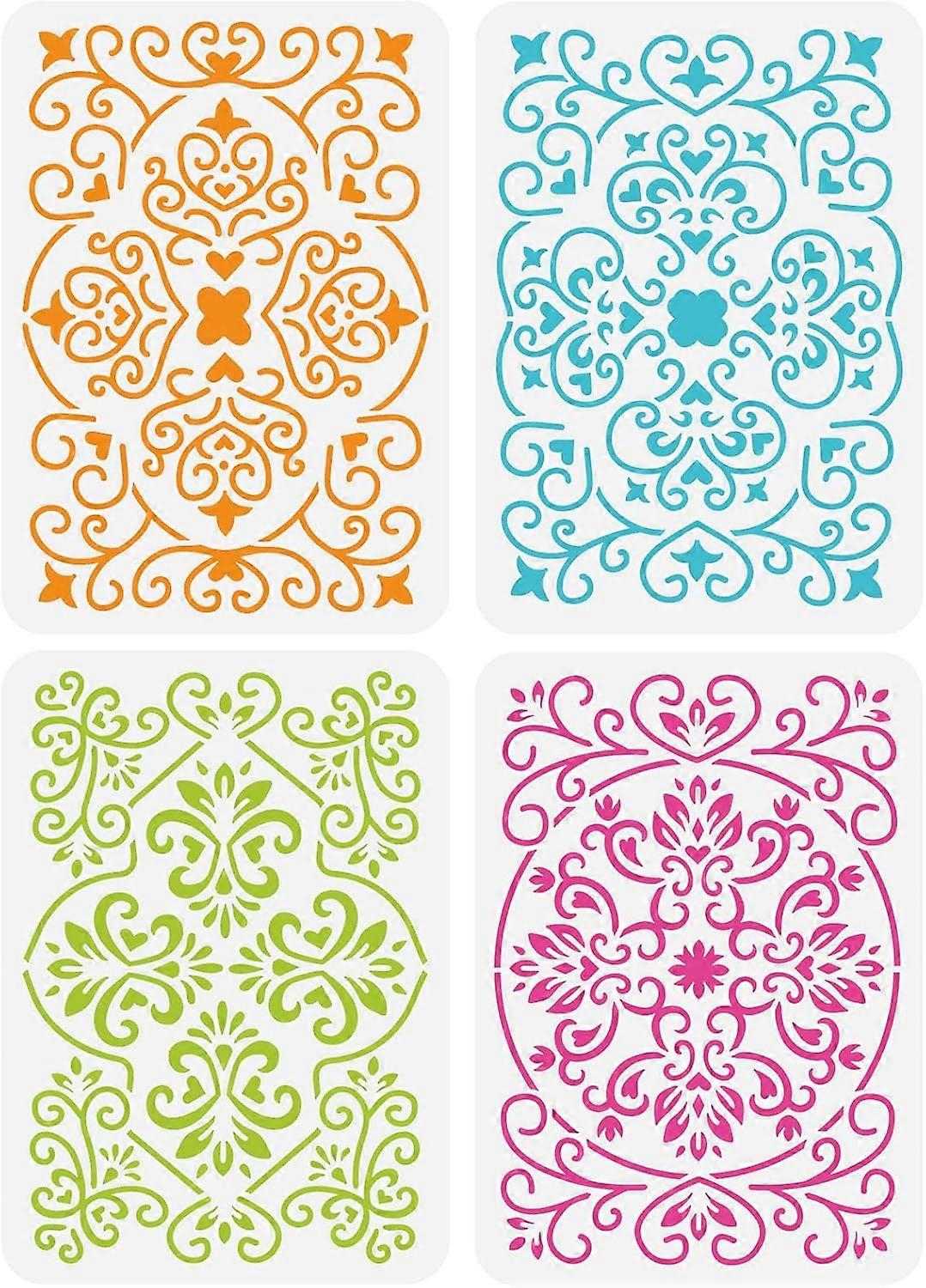 4 PCS 4 Styles Floral Pattern Painting Stencil 8.3x11.7inch Wall Decoration Patterns Stencil Window Grilles Pattern Stencil for Painting Floors Walls