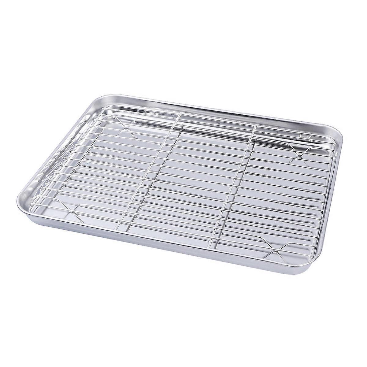 2 Pieces/Set Rectangular Baking Tray Stainless Steel Baking Pan Sheet with Removable Cooling Rack - 31x24x2.5cm