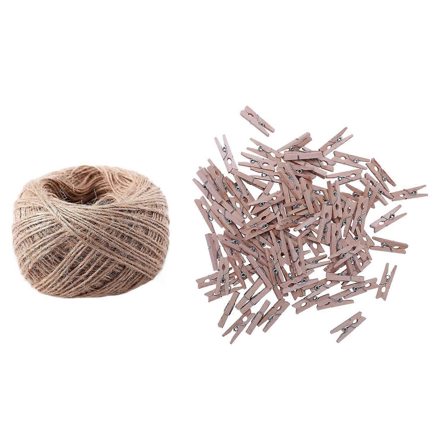 100 Pcs/Set 25mm Mini Wooden Clip Pin Line Photo Baby & 1 roll 100 Meter Natural Textured Hessian T