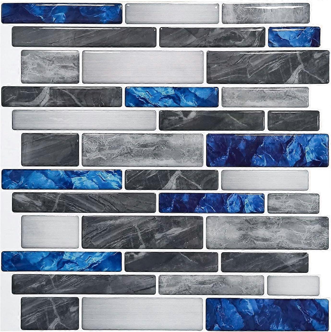 blue adhesive tile sheets with marble pattern, mosaic effect vinyl kitchen splashback, 30 x 30cm