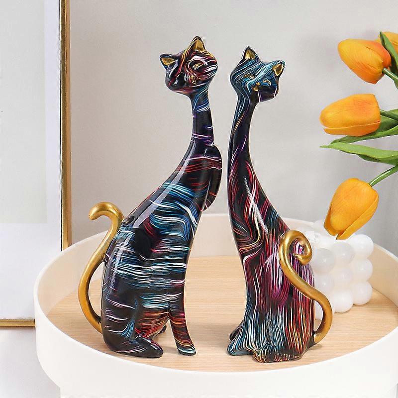 Oil Painting Cat Statues Home Decor Set of 2, Cat Sculptures and Figurines 9.6-Inch Resin Art Sculptures, Cat Couple Statue for Bookshelf & Desktop, D