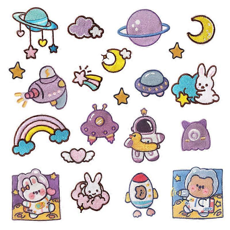 19 PCS Embroidery Iron-on Patch, Purple Planet Space Patch Sticker Sky Rabbit Applique Iron-on Patches Decals for T-shirt, Jeans, Clothes, Bags, Hats
