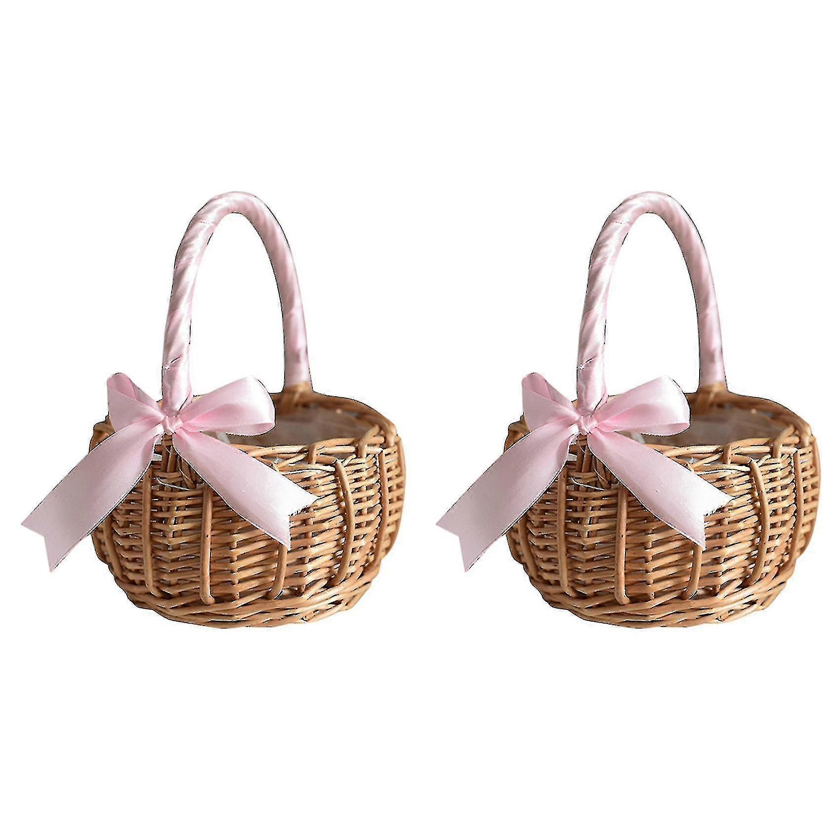 Wedding Wicker Woven Flower Basket with Handle and Pink Ribbon