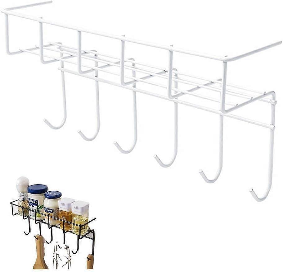 Spice Rack, Kitchen Wall Shelf with 6 Hooks, Self-adhesive Kitchen Shelf Wall Pan Holder