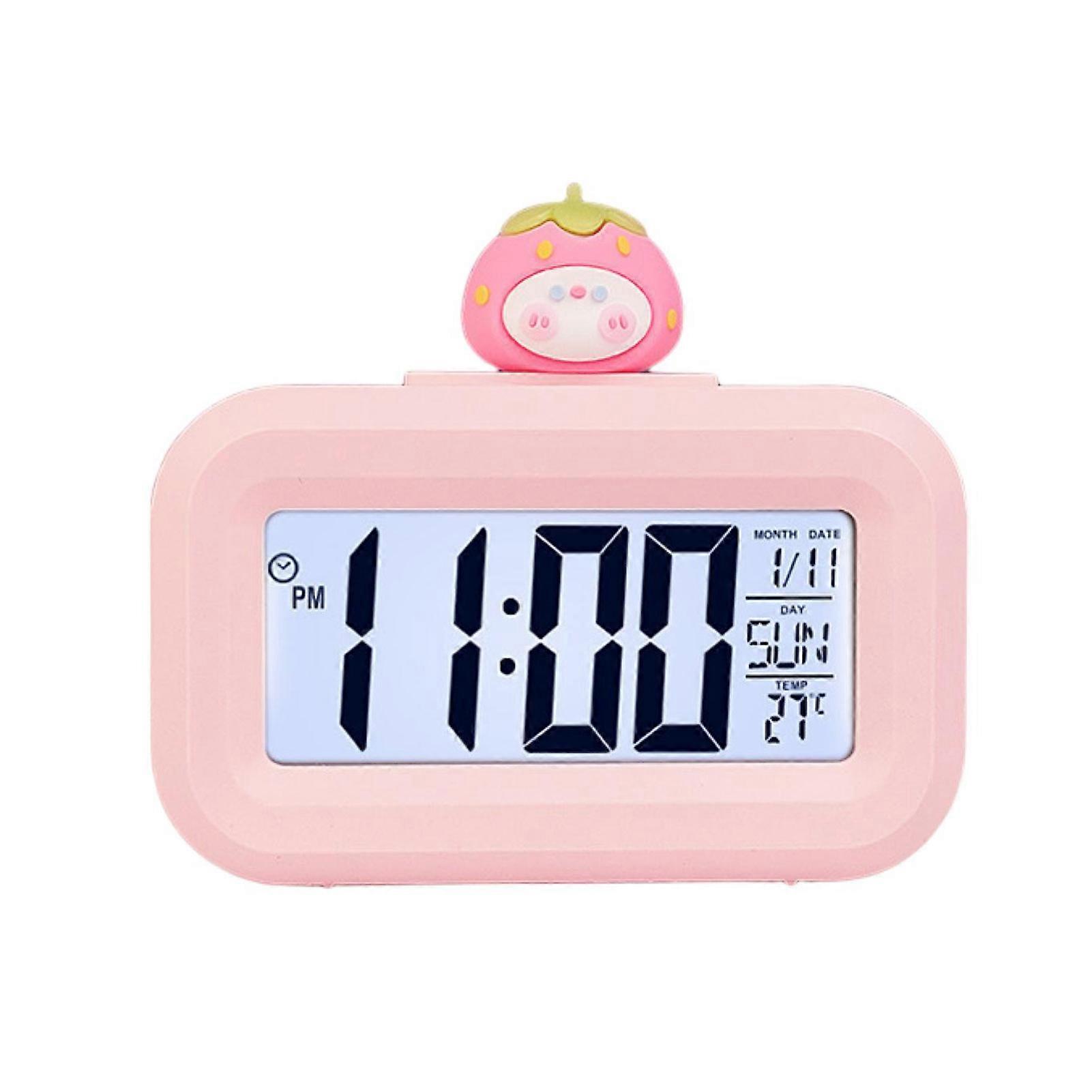 Alarm Clock with Backlight Power Saving Timing Function One Click Snooze Pink Strawberry Design Desktop Electric Digital Clock for Learning QingHai