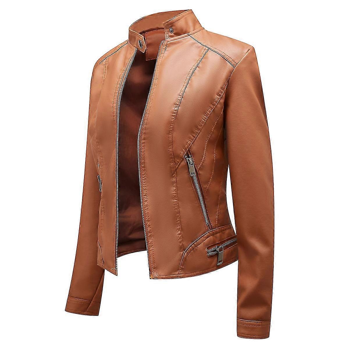 Naiwang Women's Solid Color Stand Collar Zip Slim Short Leather Jacket