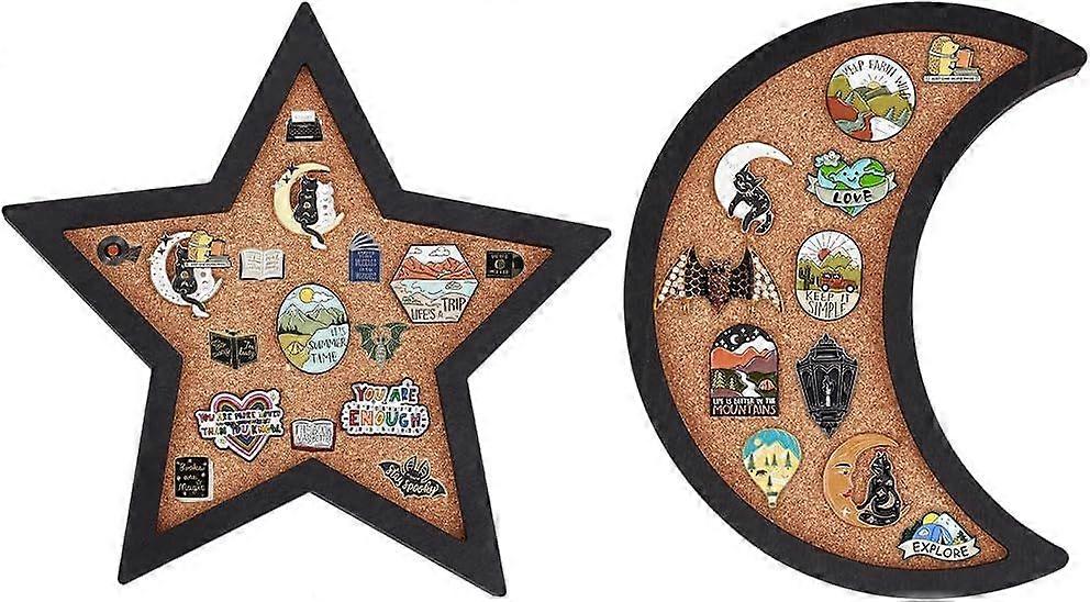 2pcs Star Moon Pin Board Cork Board Bulletin Display Board Wall Mounted Brooch Jewelry Display Board with Black Frame for Pin Collection Display Offic