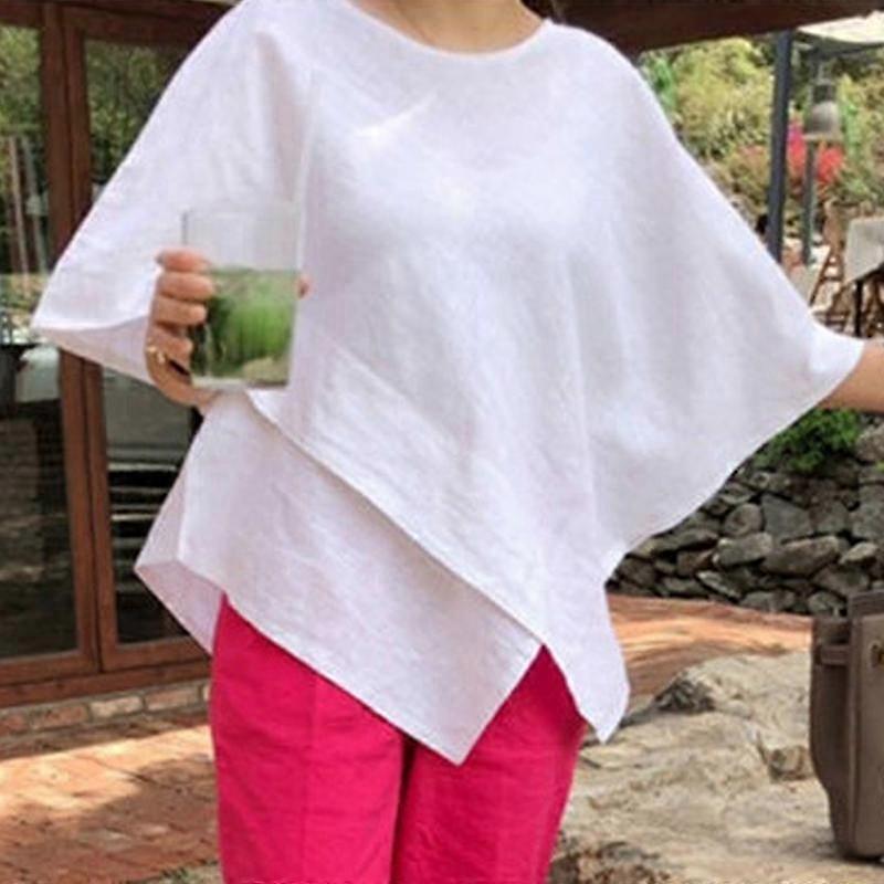 Women's Round Neck Half Sleeve Irregular Splicing Hem Solid Color Loose Blouse