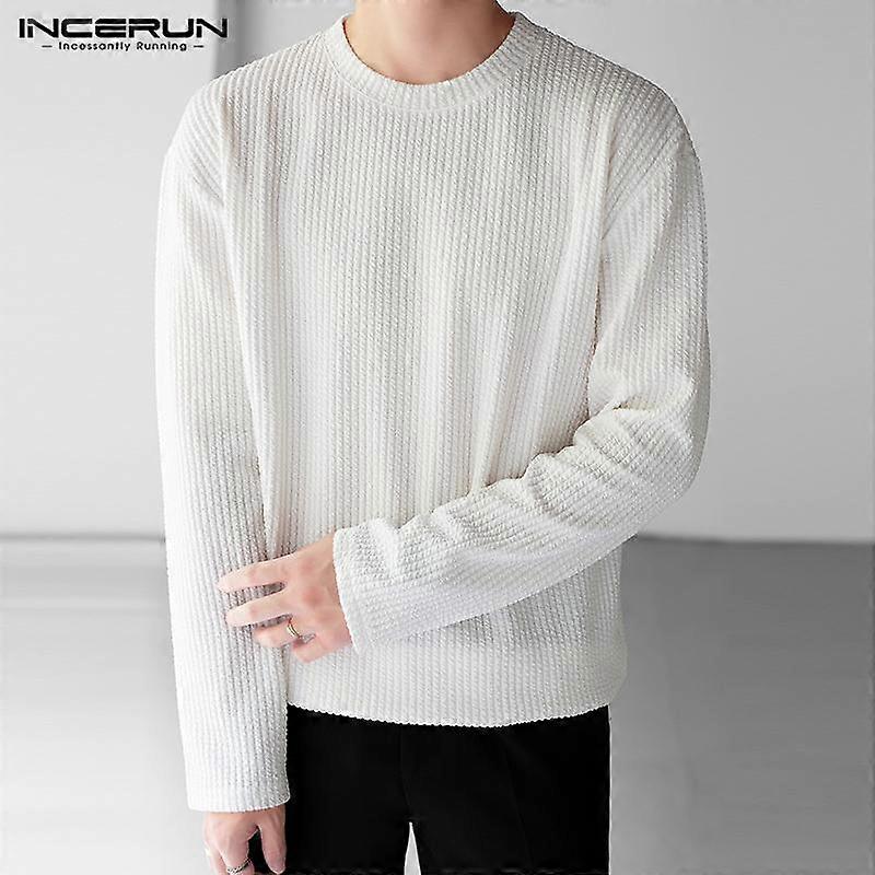 INCERUN Men's Autumn Spring Loose Solid Color Long Sleeve Pullover Tops