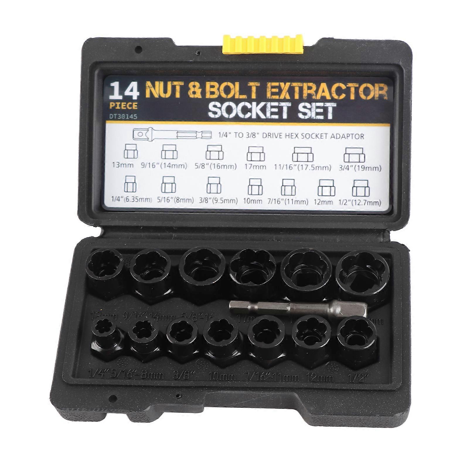 14 Pcs Set Nut Bolt Extractor Alloy Steel High Hardness Anti Slip Bolt Nut Remover with Socket Adapter Bar