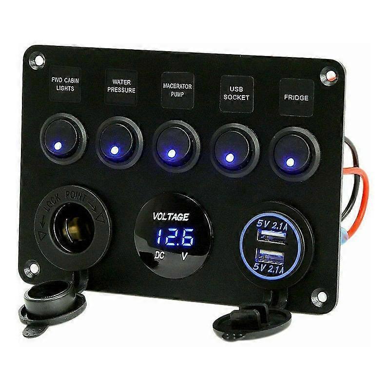 Gear Toggle Switch Panel, Dual USB Socket Charger 12V Socket LED Voltmeter for Car Boat Marine RV Truck Camper Vehicles (Blue)