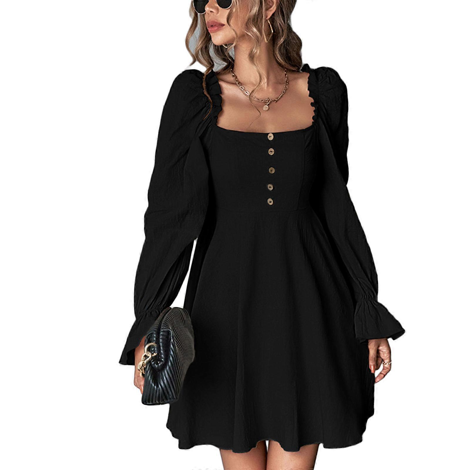 Womens Square Neck Dress Long Puff Sleeve Flowy Swing A-Line Short