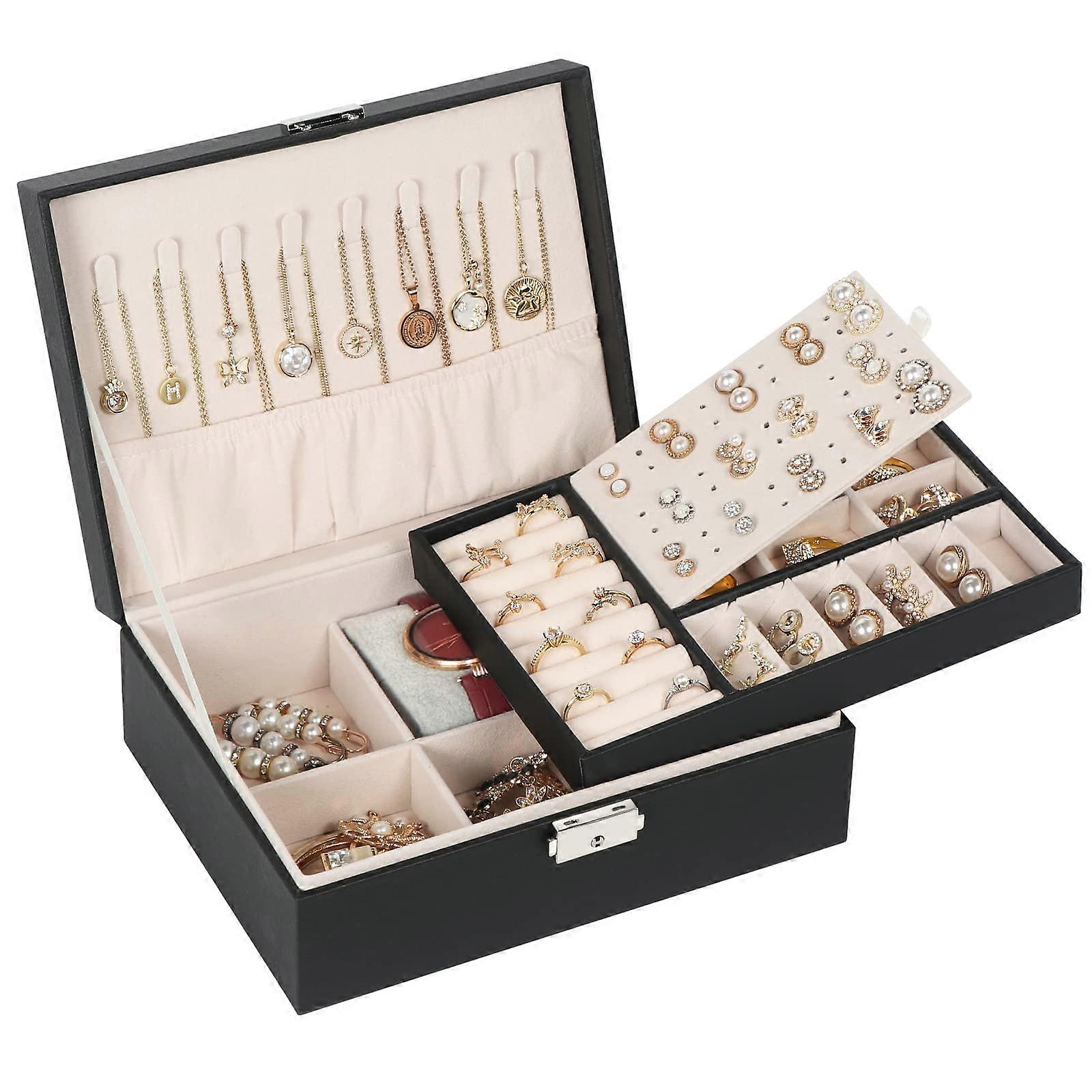 Black Jewelry Box for Necklaces Earrings Bracelets Rings Watches - Large Velvet Organizer with Multiple Compartments