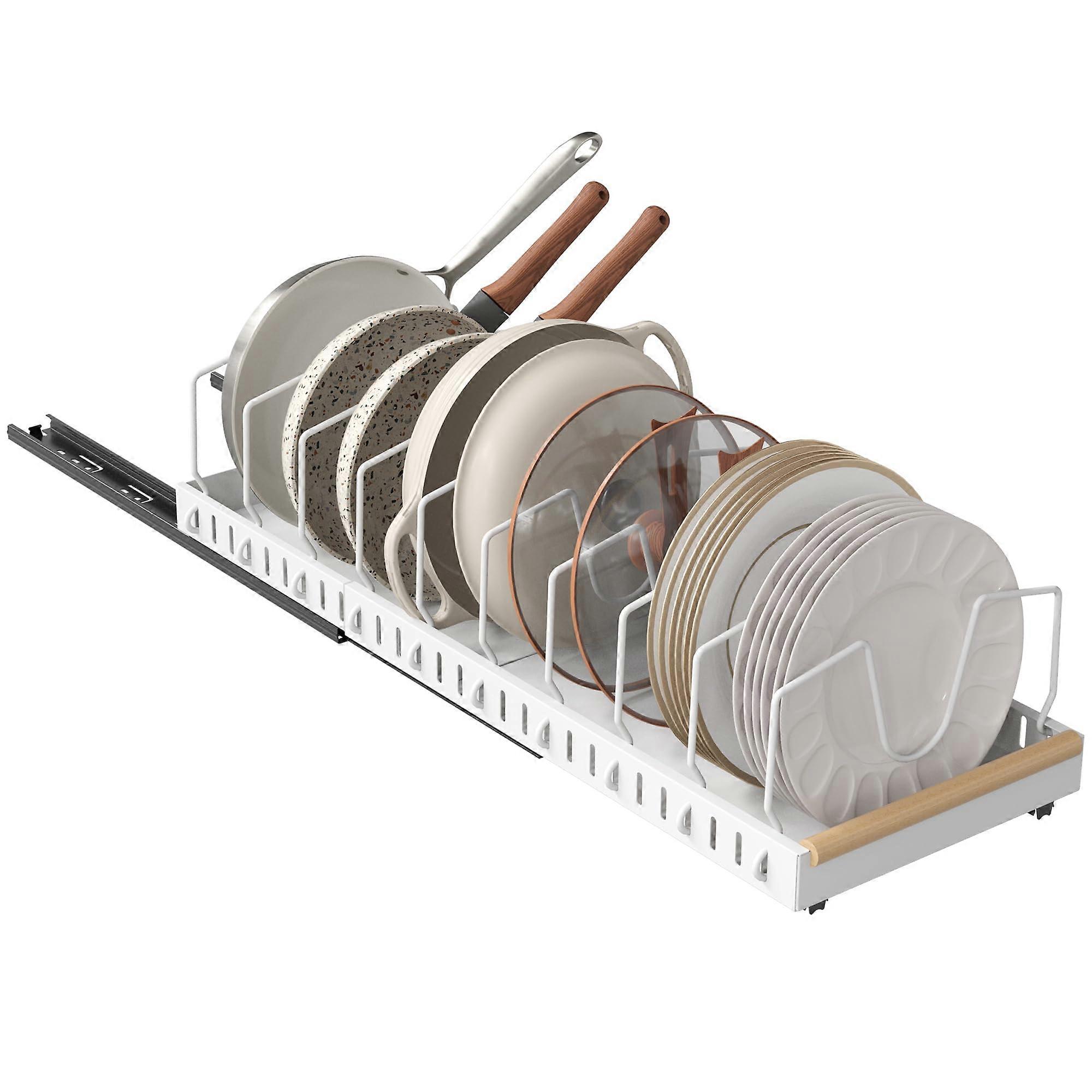 Pots and Pans Organizer Under Cabinet, Expandable Pull Out Lid Rack with 10 Dividers, 16-23.8" Deep Slide Out Drawer System
