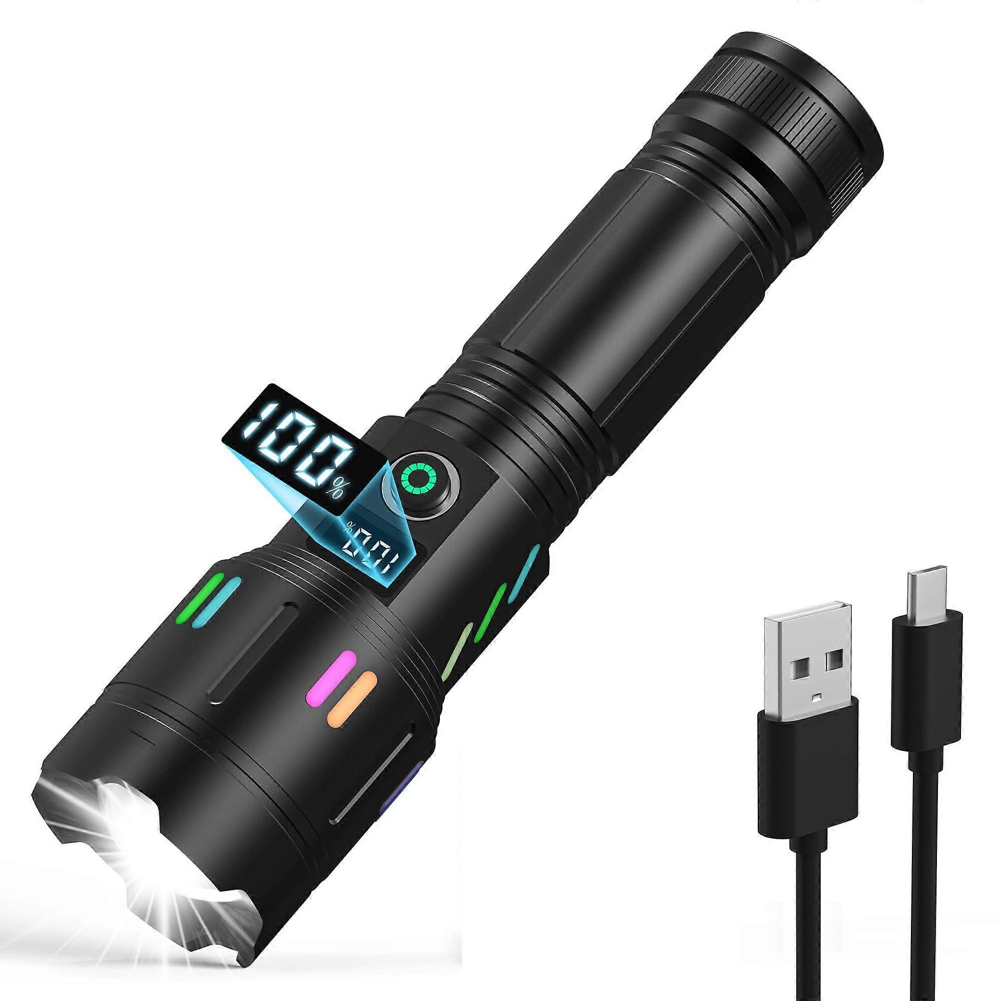 Rechargeable Flashlight,Tactical Flashlight with Zoomable, 5 Modes, Power Indicator, IPX7 Waterproof, Super Bright Flashlight for Camping, Hiking, Eme