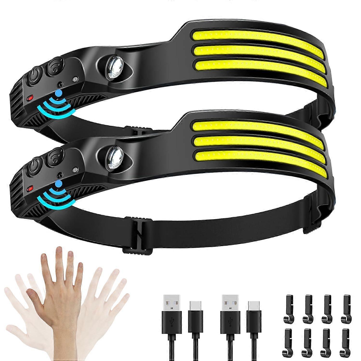 Headlamp Rechargeable Two-Pack With Motion Sensor LED Headlamp 230-Degree Wide Beam For Adults