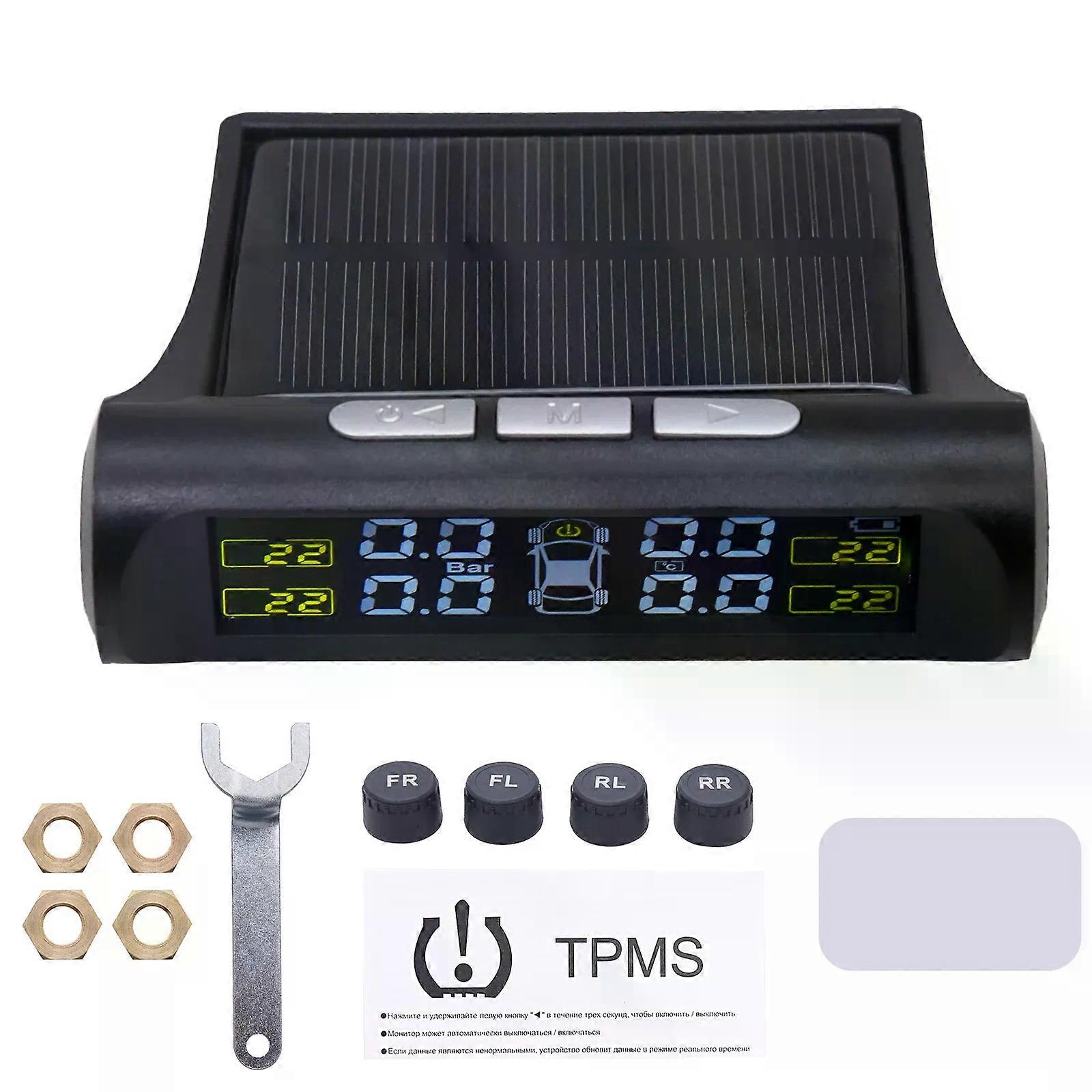 con TPMS Solar Tire Pressure Sensor Car Tire Pressure Monitoring System with 4 Wheel Internal External Sensors TMPS