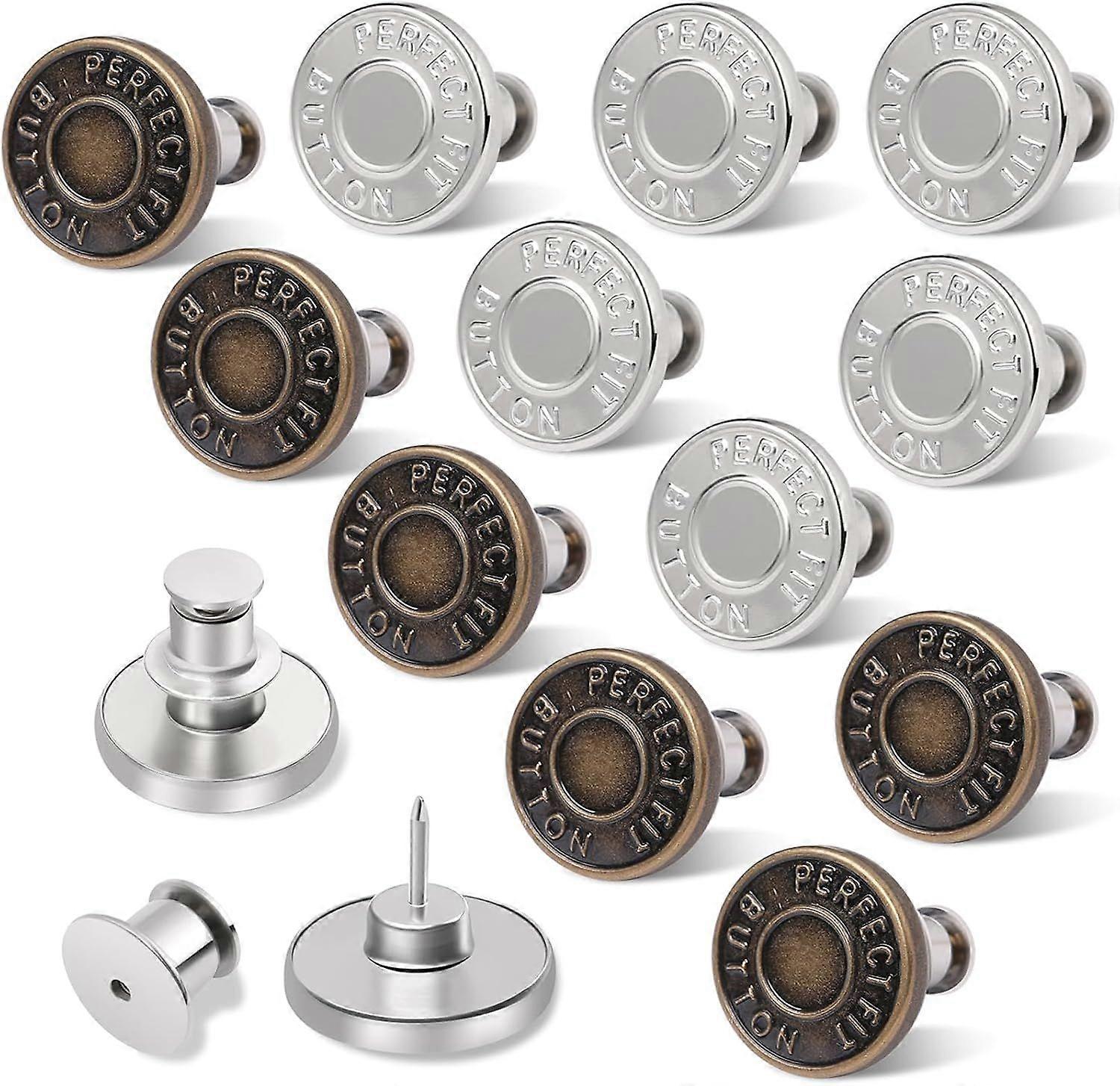 12 Sets Button Pins for Loose Jeans, No Sew and No Tools Instant Replacement Snap Tack Pant Button, Reusable and Adjustable Metal Pants Tightener