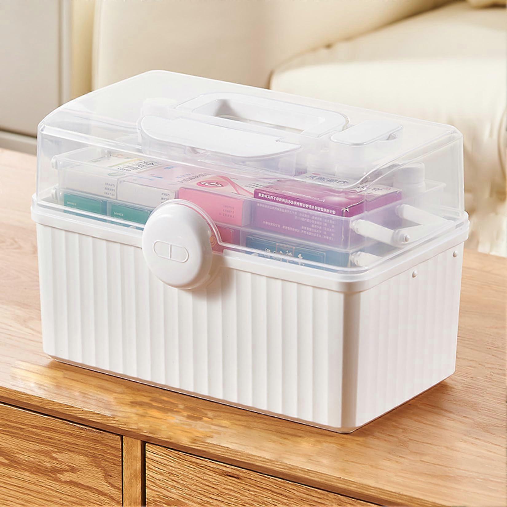 Empty Family First Aid Box Plastic Medicine Storage Container 3-Layer Portable Medical Organizer With Handle White-Clear