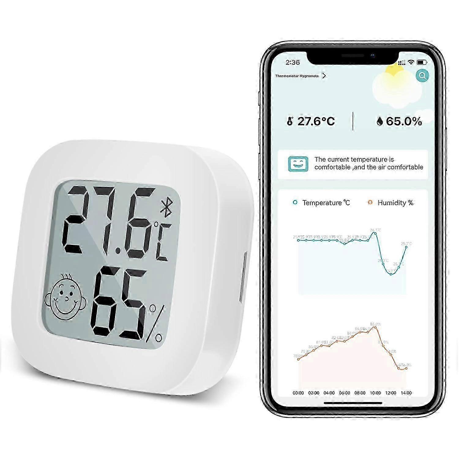 Bluetooth Digital Room Thermometer Hygrometer - Indoor Temperature Humidity Sensor with Smart Alert & Data Storage