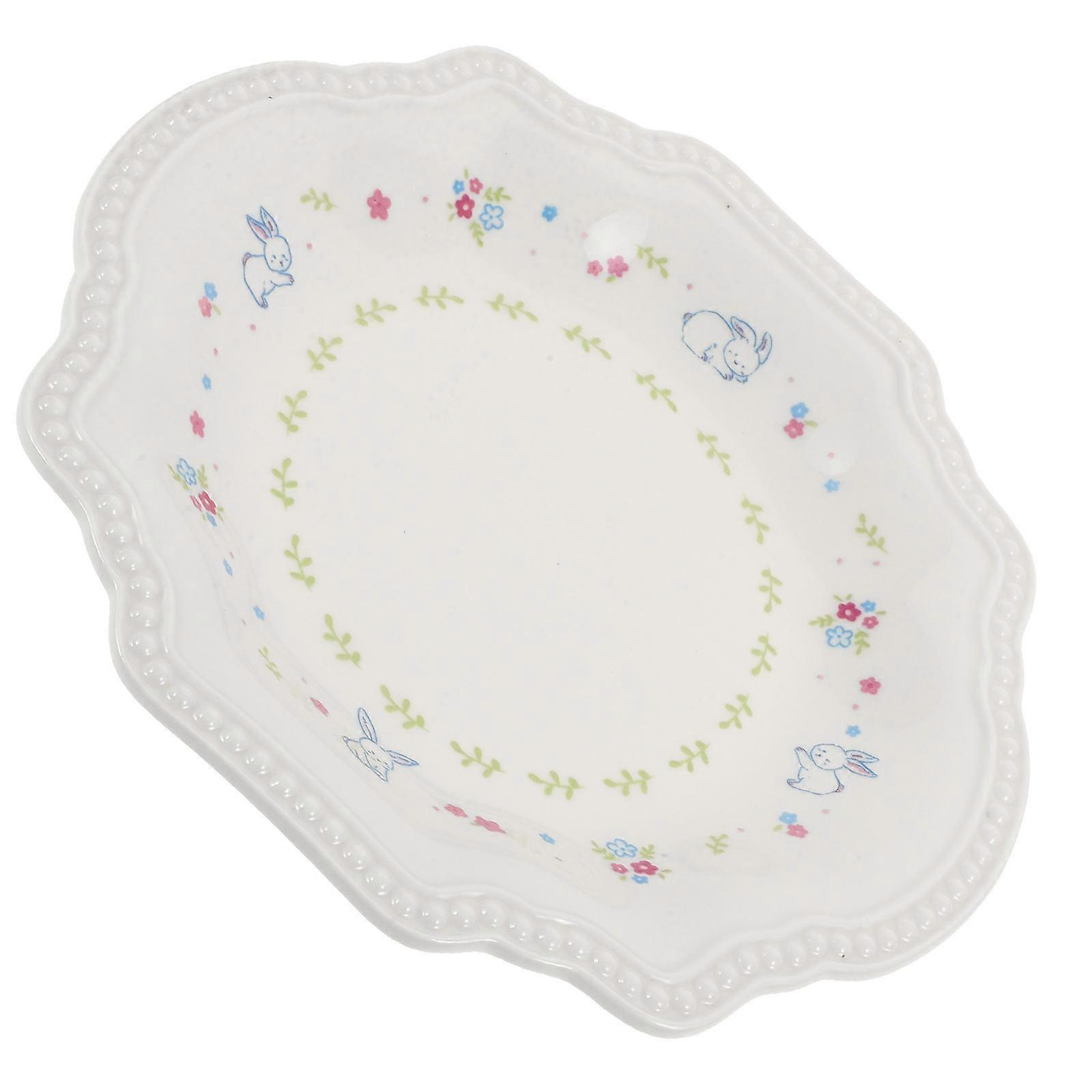 Ceramic Embossed Rabbit Pattern Dessert Plate for Cakes, Snacks, and Fruit – Elegant Floral Design Home Tableware