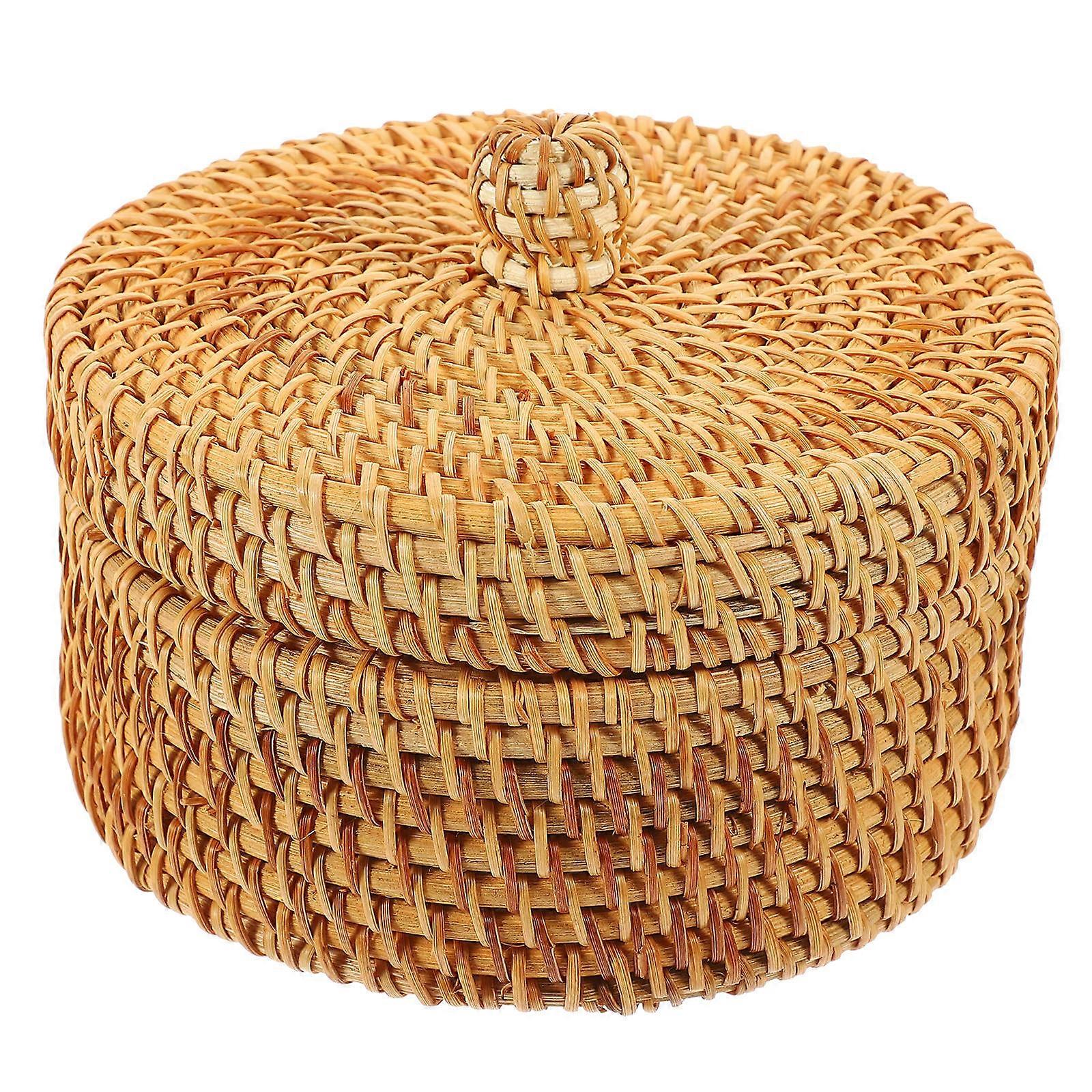 Round Rattan Woven Box Household Item Storage Tea Leaf Container Dried Fruit Container Brown 14x14x10cm 1Pack