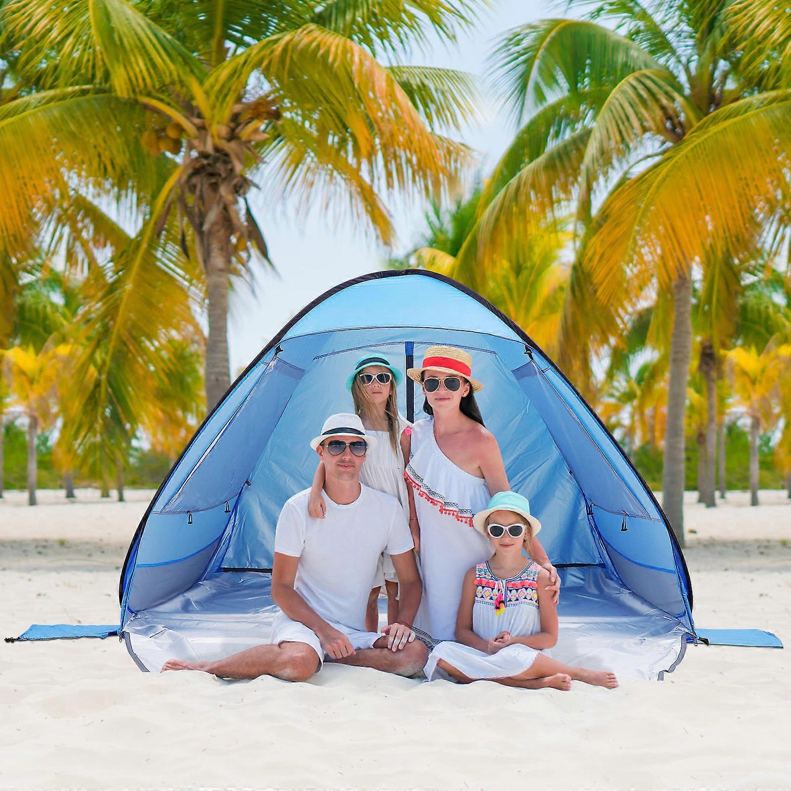 -Up Beach Tent Round Top Sun Shelter UPF 50+ UV Protection Portable Family Blue 200 x 150 x 130 Cm 1 Set