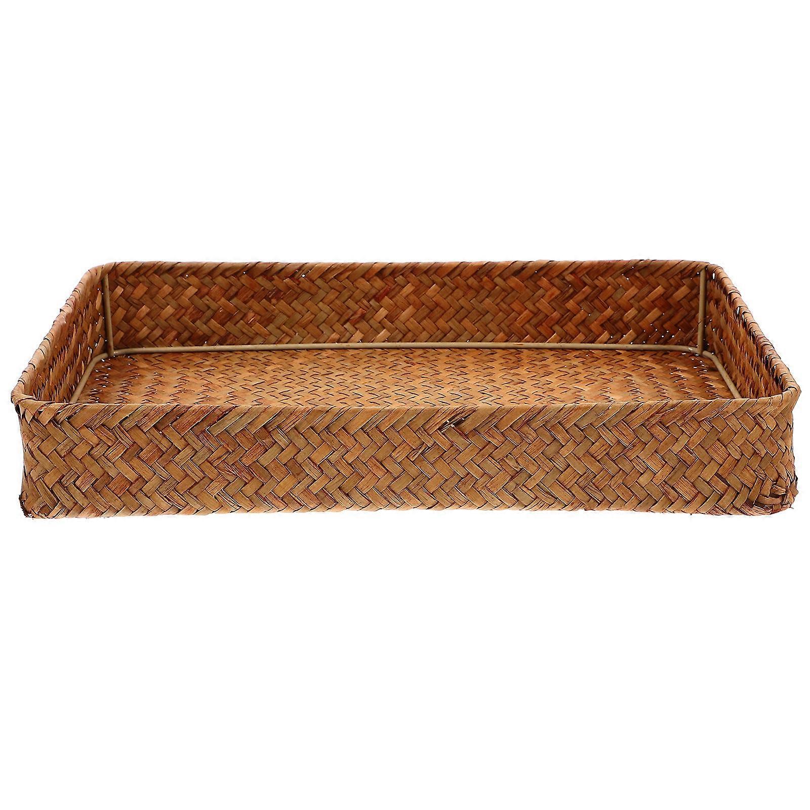 Woven Storage Tray in Khaki for Versatile Home Use Straw Material 7 x 11 Inches