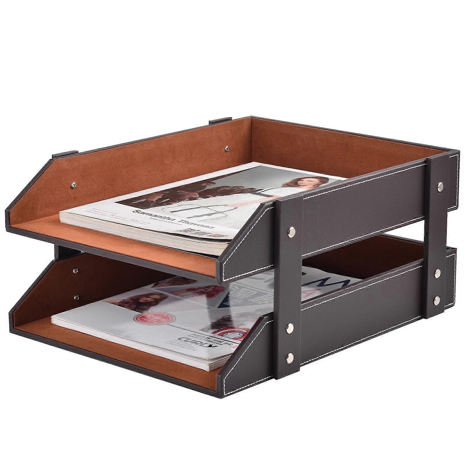 Leather Desk Organiser A4 Size, Stackable Letter Tray for Files, Folders, Stationery, Brown Document Holder