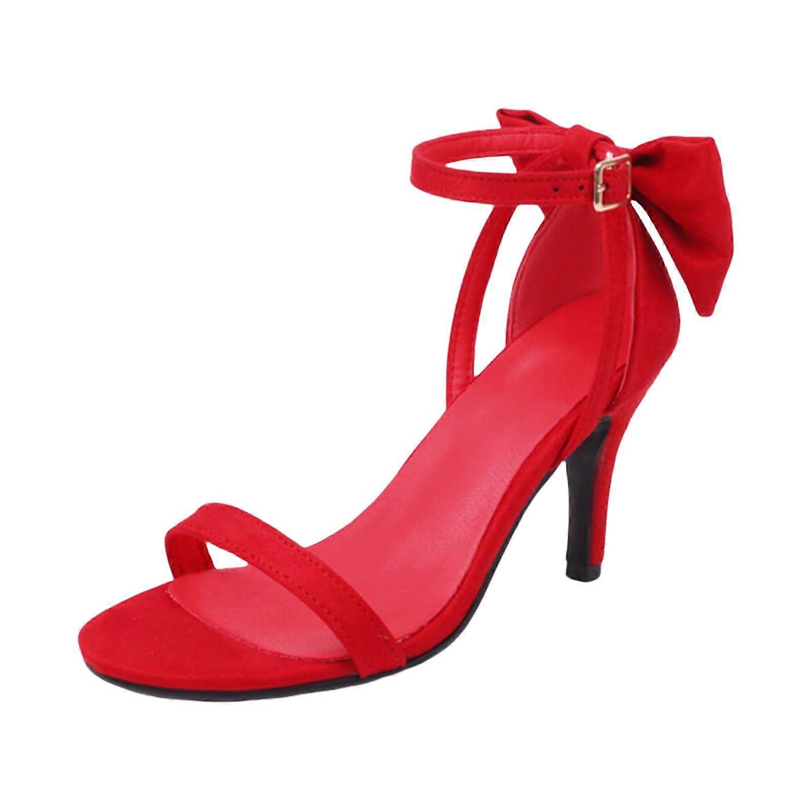 High Heels With Bow On Back Ankle Strap Faux Suede Red EU 41 US Size 45 Indoor Slippers