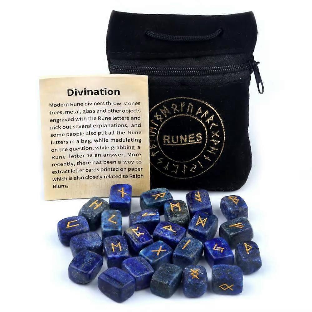 Gemstone Rune Set Elder Futhark Healing Stone Lapis Lazuli 25 Stones in Velvet Bag Mythology Viking Esoteric Meditation Magic