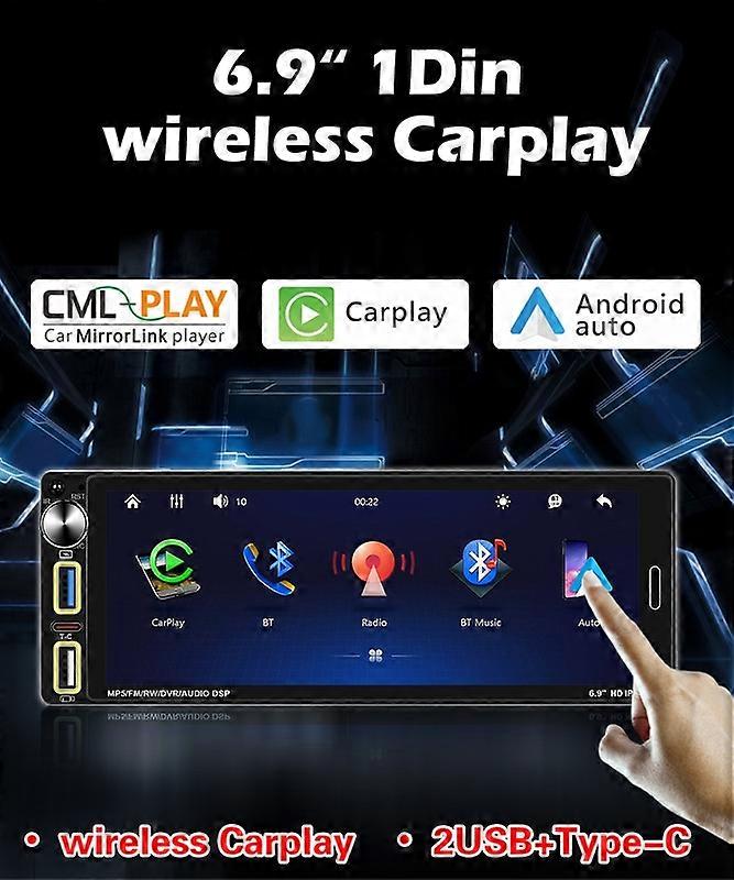 6.9" Single DIN Car Stereo Radio Wireless CarPlay Bluetooth 5.2 Android Auto IPS 1280 * 480 FM Radio