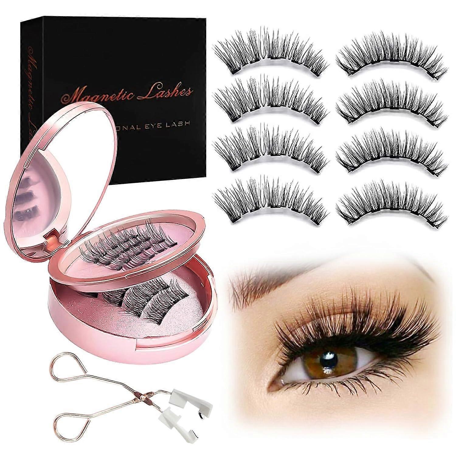 Magnetic Eyelashes, 3D Natural Reusable False Eyelashes with Applicator, Natural Look, Easy to Wear and No Glue Required, 4 Pairs Black